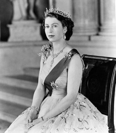 Queen Elizabeth II wearing the famous Cartier necklace gifted to her by the Nizam of Hyderabad as a wedding gift.