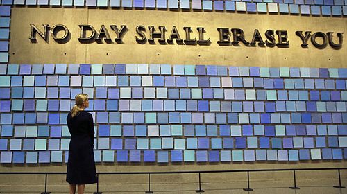 Sophie, Countess of Wessex, pauses at Spencer Finch's "Trying To Remember the Color of the Sky on That September Morning" during a visit to The National September 11 Memorial &amp; Museum in New York in 2015. (AAP)