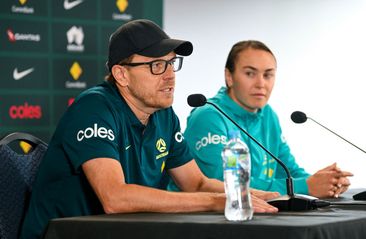 Tony Gustavsson, Head Coach of Australia, and Caitlin Foord of Australia speak to media during a Australia Matildas press conference.