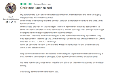 Diner Rick Aprino's one-star review to Ruposhi Indian Bar & Restaurant on Boxing Day.