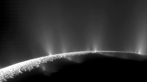 plumes of water ice and vapor from the south polar region of Saturn's moon Enceladus in 2005. (NASA)