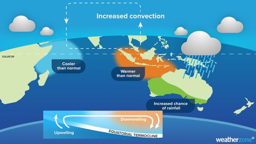 Typical patterns of sea surface temperature and rainfall anomalies during a negative Indian Ocean Dipole.