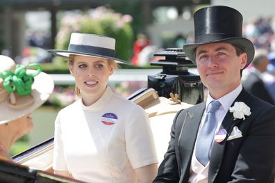 Princess Beatrice of York and Edoardo Mapelli Mozzi arrive in the parade ring in the Royal Chariot during the Royal Ascot 2022 at the Ascot Racecourse on June 15, 2022 in Ascot, England. 