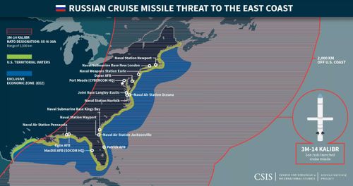 US coastal targets within the range of the current Kalibr cruise missile. Russian state media has reported a new version will have double the range.