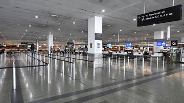 General view of empty baggage check-in lines inside in International terminal at Tullamarine Airport, Melbourne.