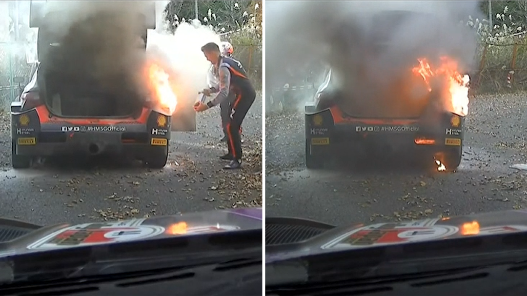 Driver's desperate attempt to extinguish fire fails as $1.5 million rally car burns to the ground