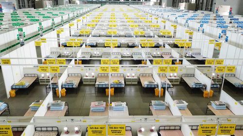 A part of the Shanghai New International Expo Centre converted to hold when completed up to 15,000 beds to quarantine mild cases and asymptomatic carriers.