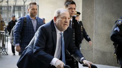 Harvey Weinstein arrives at a Manhattan courthouse for his rape trial, Monday, Feb. 24, 2020, in New York. 