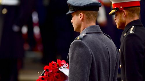 The Duke of Cambridge and the Duke of Sussex during the remembrance service at the Cenotaph memorial in Whitehall, central London, on the 100th anniversary of the signing of the Armistice.