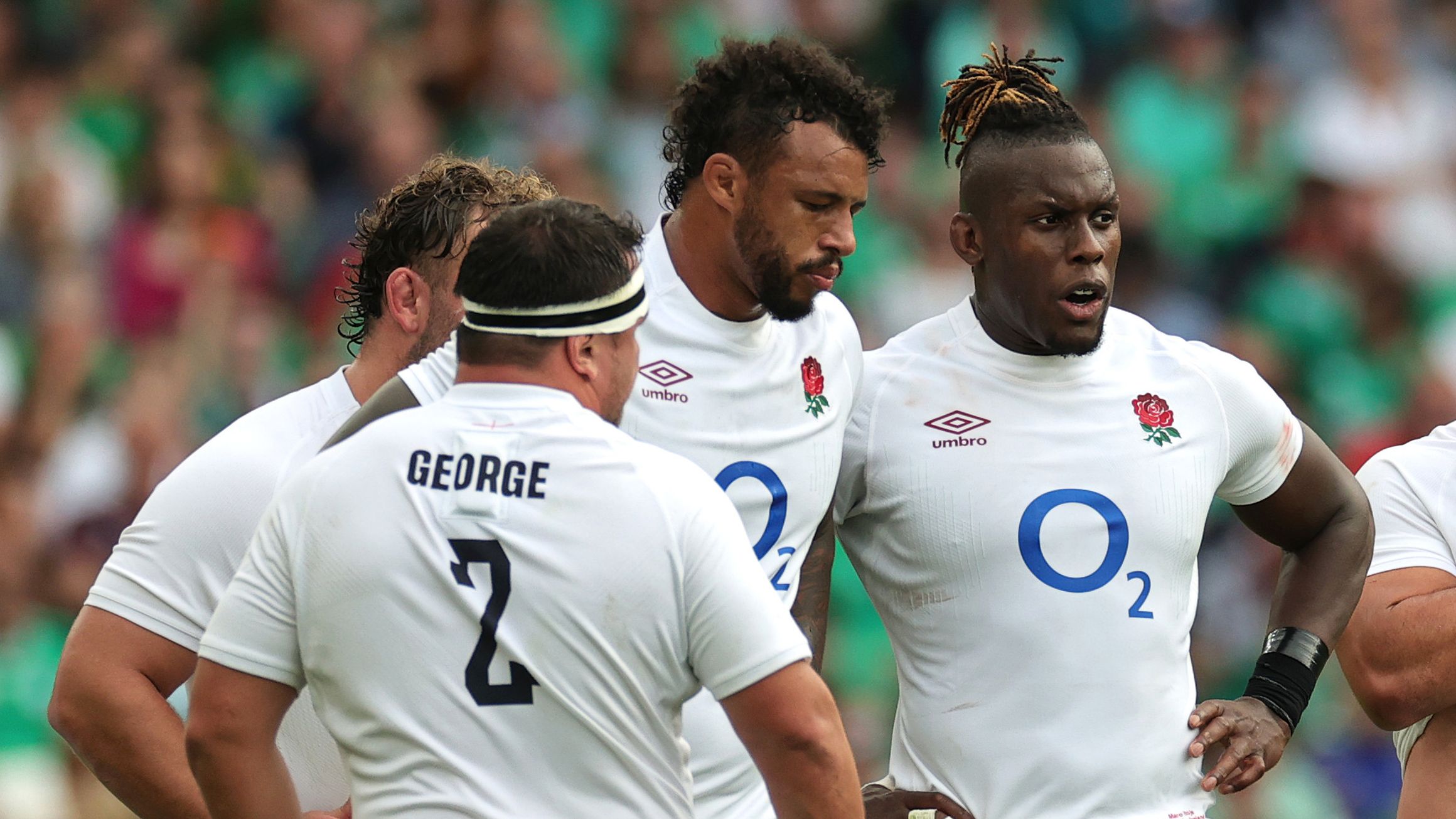 England look dejected after their defeat during the Summer International match against Ireland.