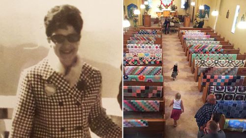 Mourning family hang grandma's cherished quilts on back of funeral pews