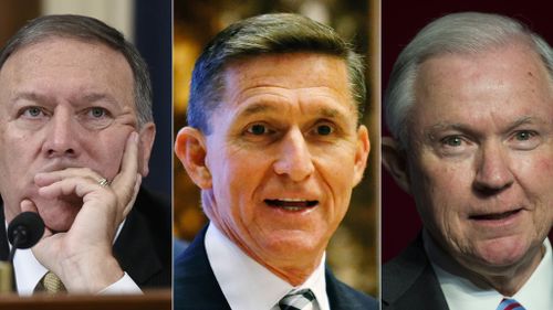 President-elect Trump's top picks: US Representative from Kansas Mike Pompeo, Retired Lieutenant General Michael Flynn and Senator Jeff Sessions. (AFP)