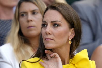 Kate, Duchess of Cambridge sits in the Royal Box for the final of the women's singles between Tunisia's Ons Jabeur and Kazakhstan's Elena Rybakina on day thirteen of the Wimbledon tennis championships in London, Saturday, July 9, 2022.  