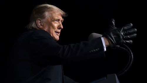 Donald Trump speaks to the crowd in Omaha, Nebraska.