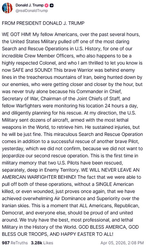 US President Donald Trump lauded the rescue operation in a post on his Truth Social site.