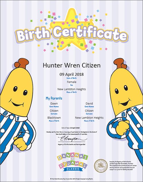 Bananas in Pyjamas birth certificate. mage: NSW Registry of Births, Deaths and Marriages