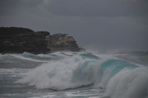 Winter weather and large surf lashes Bronte Beach. Picture:AAP
