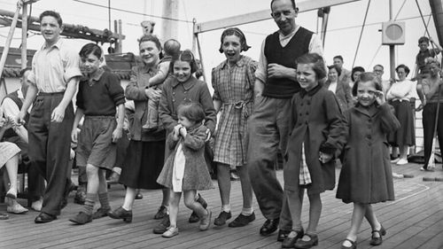 The Carroll family from Manchester on the Georgic, in 1949. The ship arrived in Australia with the largest number of British emigrants ever to land, a total of 1,994 people.