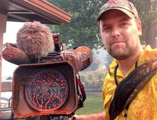 "The hazards of covering wildfires. Photographer Eric Jensen ... caught in the aftermath when a tanker dropped fire retardant in the area," KOMO News posted on its Facebook page.