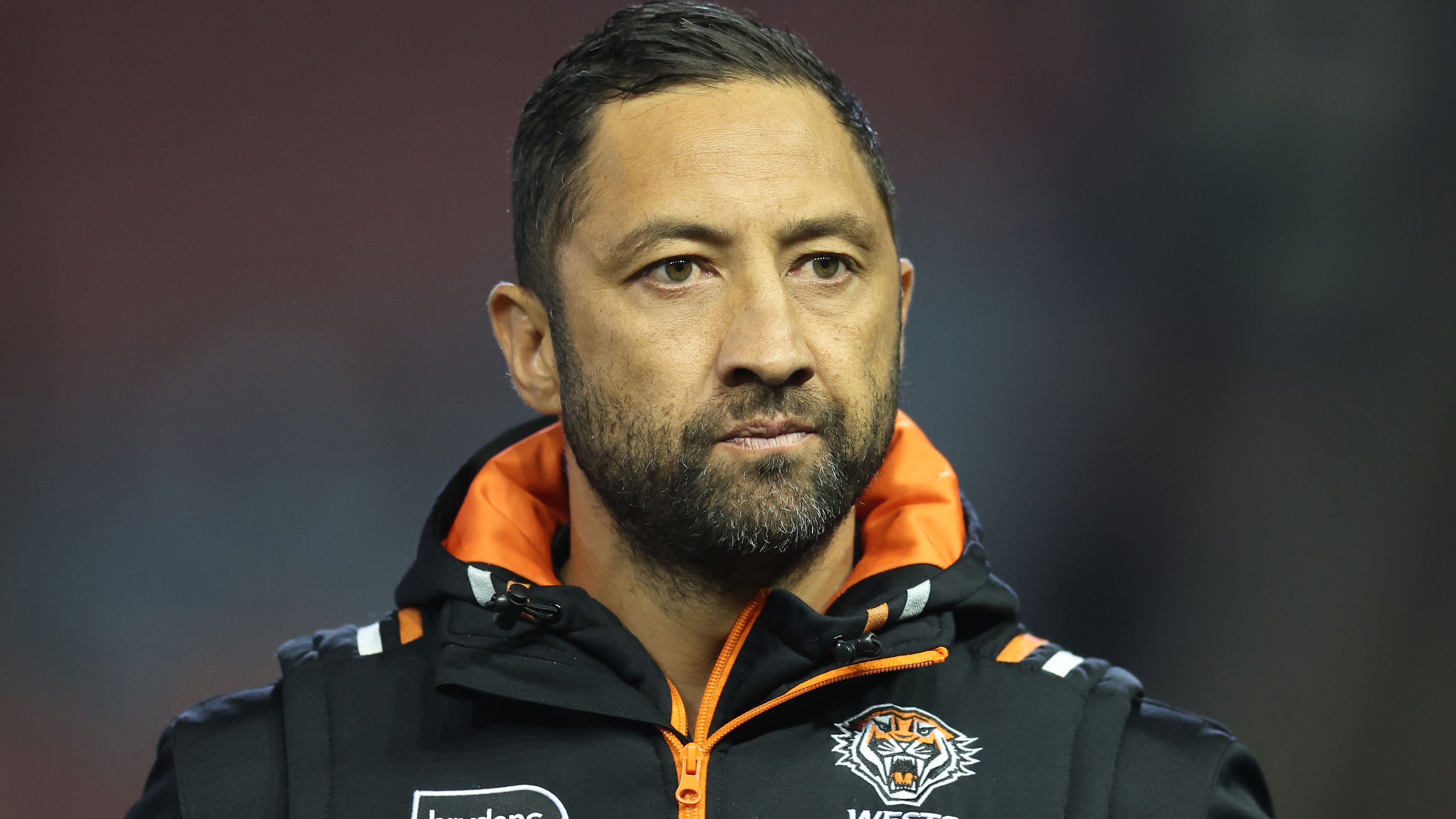NEWCASTLE, AUSTRALIA - JULY 14: Benji Marshall Assistant Coach of the Tigers pre game during the round 20 NRL match between Newcastle Knights and Wests Tigers at McDonald Jones Stadium on July 14, 2023 in Newcastle, Australia. (Photo by Scott Gardiner/Getty Images)
