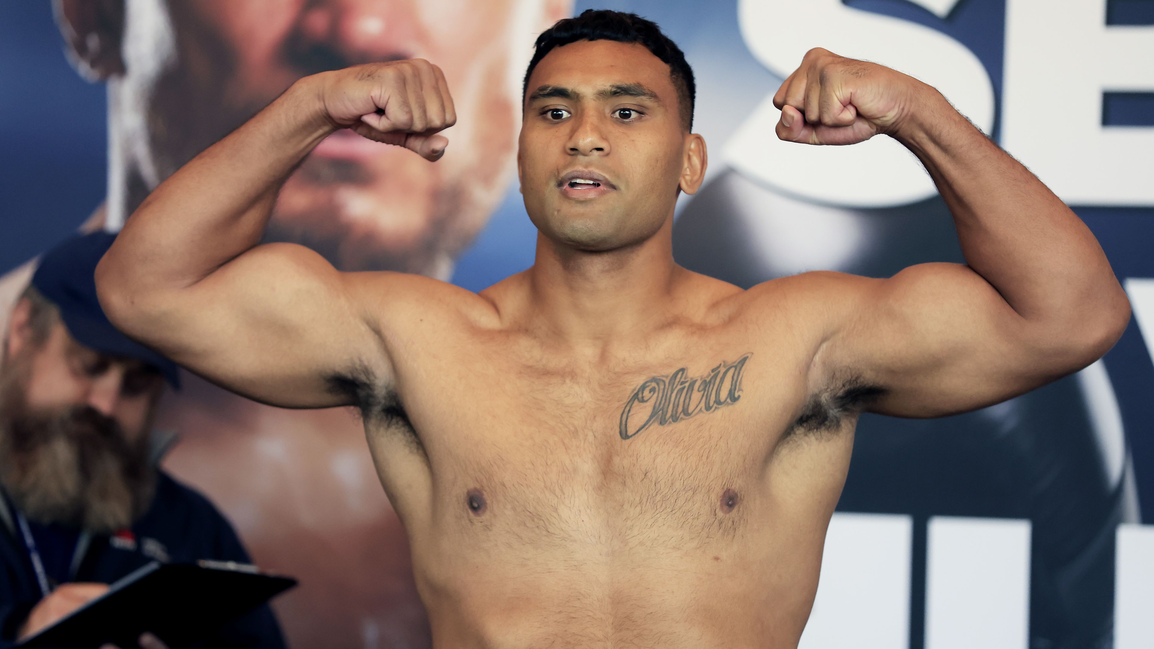 Bulldogs NRL player Tevita Pangai Jr weighs in ahead of his undercard fight with Jeremiah Tupai.