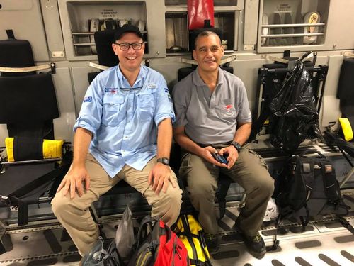 Richard Harris and Craig Challen on their RAAF flight home from Thailand last night. Picture: Facebook