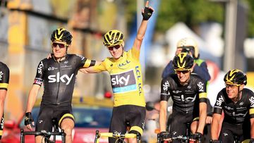 Englishman Chris Froome crosses the finish line of the Tour de France. (AAP)