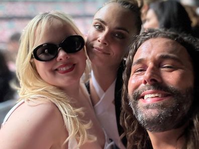 Nicola Coughlan, Cara Delevingne and Jonathan Van Ness at Taylor Swift's first London show on the Eras Tour, June 2024