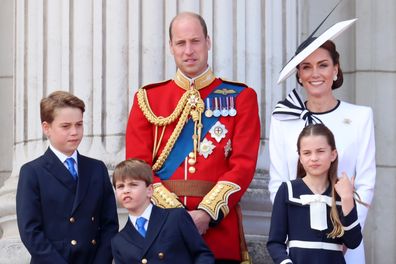 LONDON, ENGLAND - JUNE 15: Prince George of Wales, Prince William, Prince of Wales, Prince Louis of Wales, Princess Charlotte of Wales and Catherine, Princess of Wales during Trooping the Colour at Buckingham Palace on June 15, 2024 in London, England. Trooping the Colour is a ceremonial parade celebrating the official birthday of the British Monarch. The event features over 1,400 soldiers and officers, accompanied by 200 horses. More than 400 musicians from ten different bands and Corps of Drum