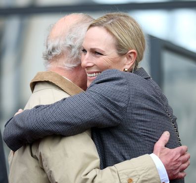 King Charles III and Zara Tindall hug as as they greet each other at the Endurance event on day 3 of the Royal Windsor Horse Show at Windsor Castle on May 03, 2024 in Windsor, England