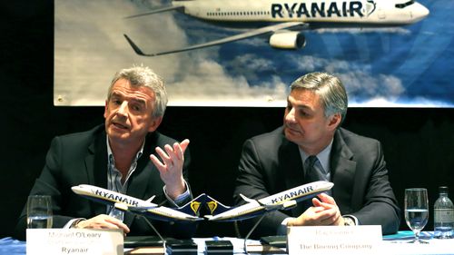 Ryanair CEO Michael O'Leary (left) holds a press conference in New York City.