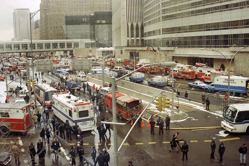 In this Feb. 26, 1993 file photo, emergency vehicles and personnel fill New York's West Street following an underground explosion that rocked the World Trade Center. It was a terror attack that foreshadowed Sept. 11: the deadly World Trade Center bombing that happened 25 years ago Monday. (AP Photo/Betsy Herzog, File)