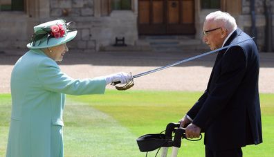 Queen Elizabeth confers the Honour of Knighthood on Captain Sir Thomas Moore in July 2020.