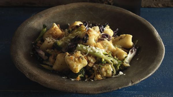 Potato and ricotta gnocchi with broccoli, radicchio and pangrattato