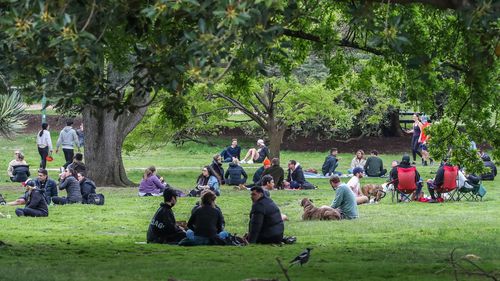 Picnic and park goers are seen at the Royal Botanic Gardens in Melbourne, Australia