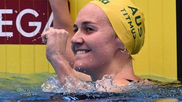 FUKUOKA, JAPAN - JULY 23:   Ariarne Titmus of Team Australia celebrates winning gold in the Women&#x27;s 400m Freestyle Final in a new world record time of WR 3:55.38 on day one of the Fukuoka 2023 World Aquatics Championships at Marine Messe Fukuoka Hall A on July 23, 2023 in Fukuoka, Japan. (Photo by Quinn Rooney/Getty Images)