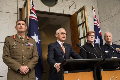 (L to R) Lieutenant General Angus Campbell, Prime Minister Turnbull, Australian Defence Minister Marise Payne and Air Chief Marshal Binskin at a Press Conference in Canberra on Monday. (AAP)