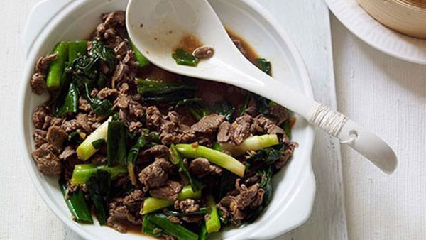Stirfried lamb with spring onions