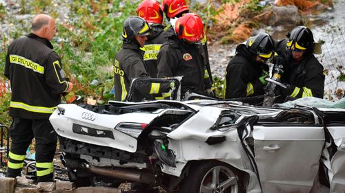 Vehicles were crushed after falling 45m from the bridge.