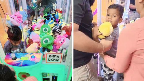 Queensland boy Imran Hussein got stuck in a claw machine at the Lollypops playcentre in Strathpine.
