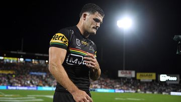 Nathan Cleary coming from the field after re-injuring his hamstring against the Bulldogs.