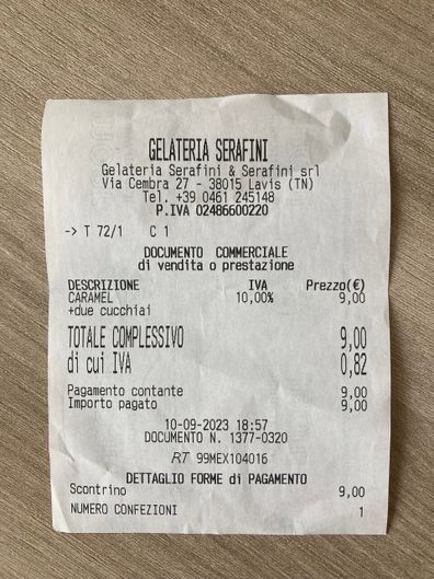 Receipt from an ice cream store in Italy