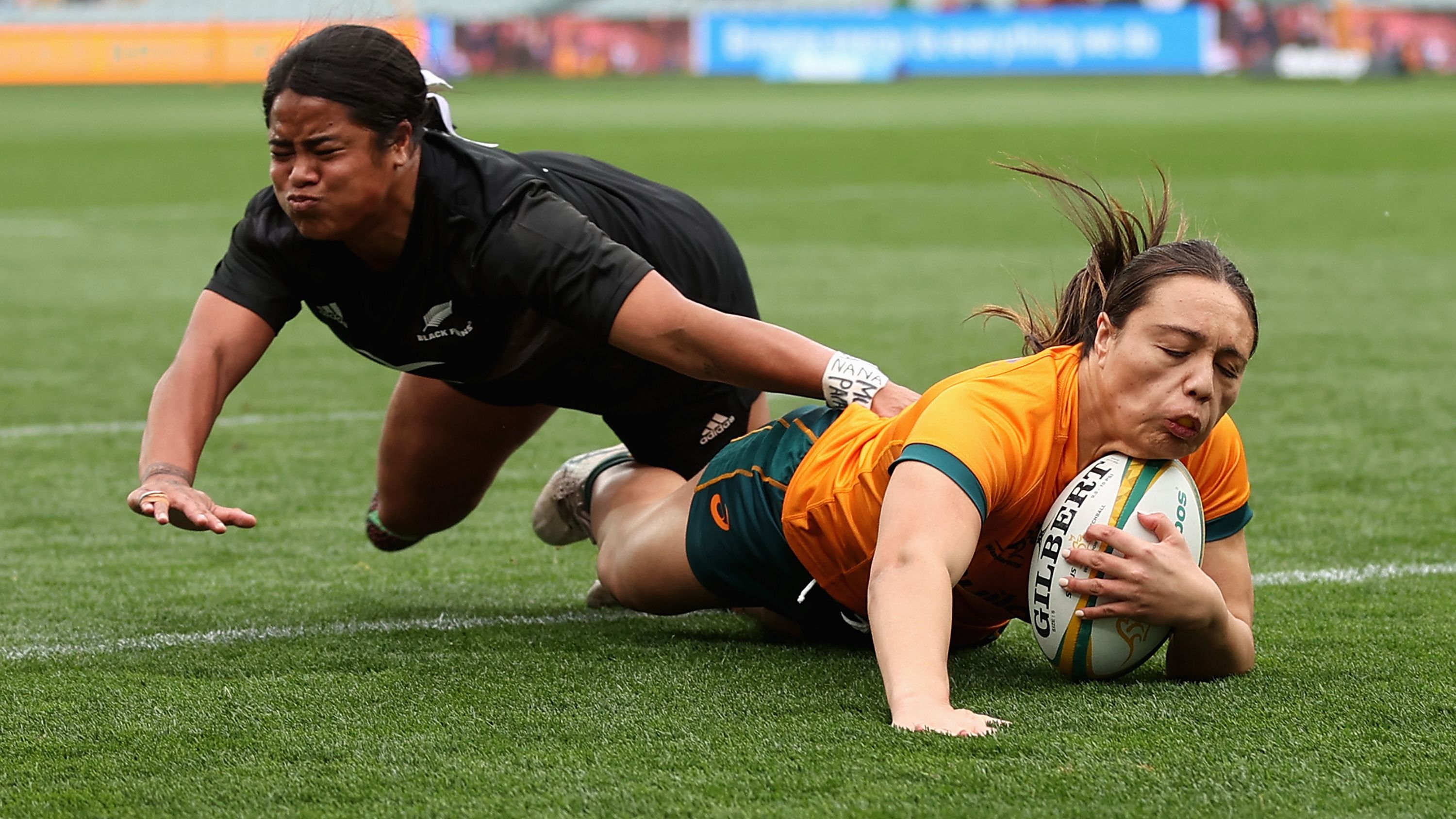Bienne Terita of the Wallaroos scores a try at Adelaide Oval.