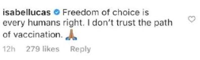 Isabel Lucas, anti-vaxxer, comments, coronavirus