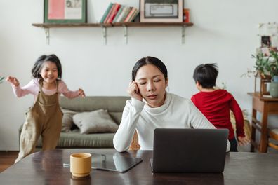 Upset woman with kids