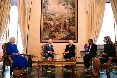 (L-R) Queen Camilla, King Charles III, Italian President Sergio Mattarella, President's daughter, Laura Mattarella