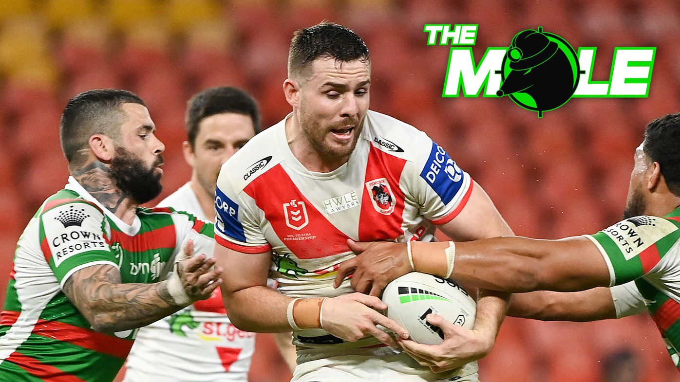 Billy Burns of the Dragons is tackled during the round 20 NRL match between the St George Illawarra Dragons and the South Sydney Rabbitohs.