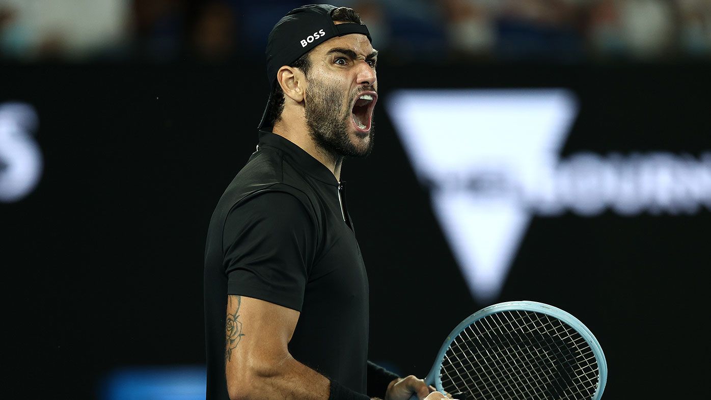 Matteo Berrettini of Italy celebrates winning a point in his Men&#x27;s Singles Quarterfinals match against Gael Monfils of France