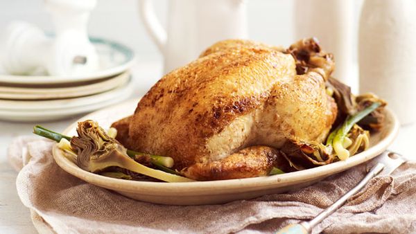 Chicken with leeks and artichokes