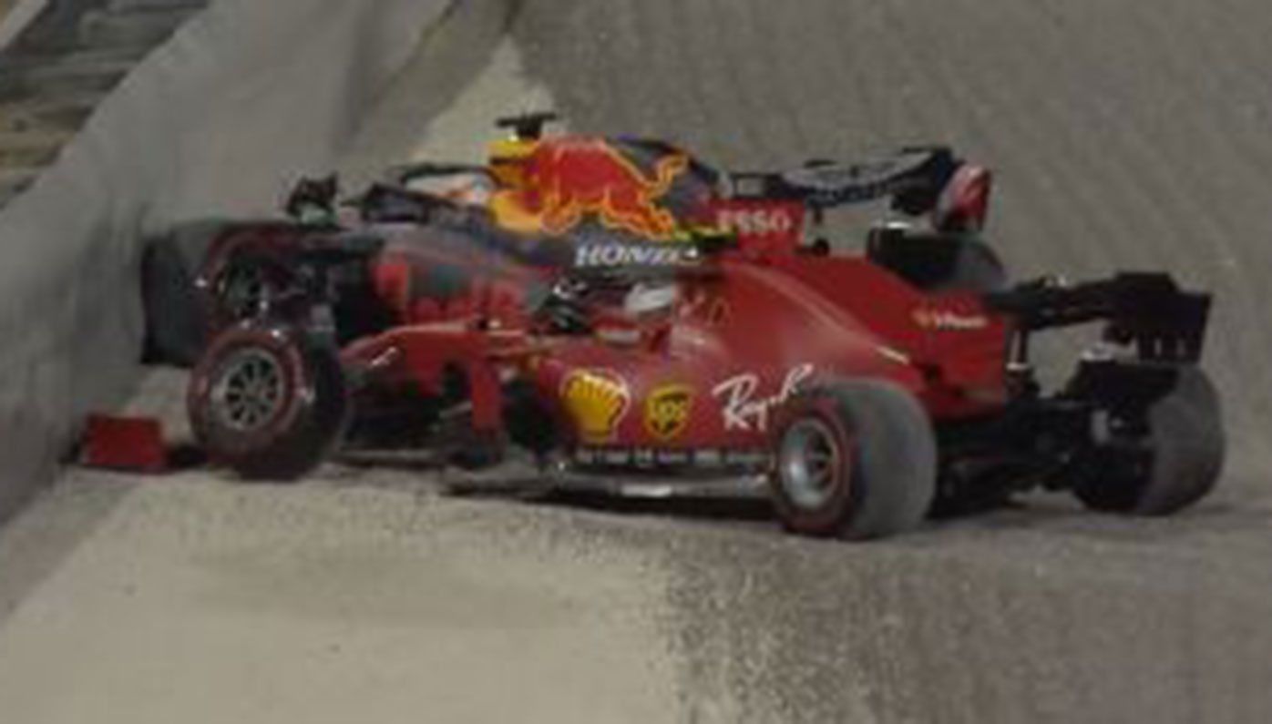 Max Verstappen and Charles Leclerc in the wall on the opening lap of the Sakhir Grand Prix.